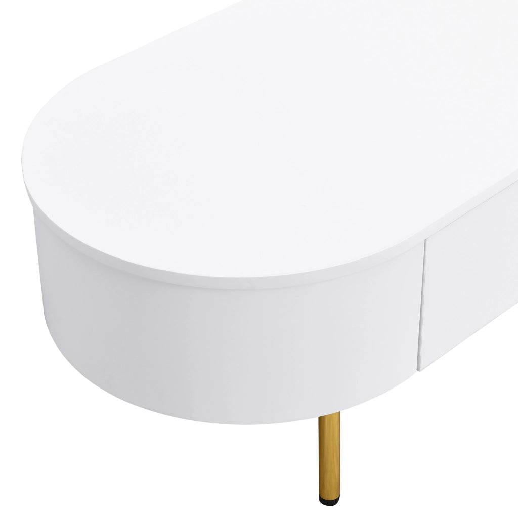 Tavolino da Caffè con 2 Cassetti; Maniglie e Gambe Dorate; Angoli Arrotondati; Stile Moderno; in MDF; Bianco; 108×50×40 cm