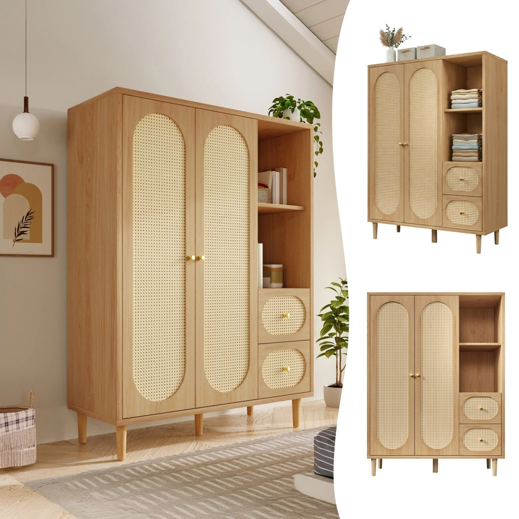 Armadio in legno massello, ante con decorazioni in vimini, 2 cassetti, ripiani aperti, color rovere