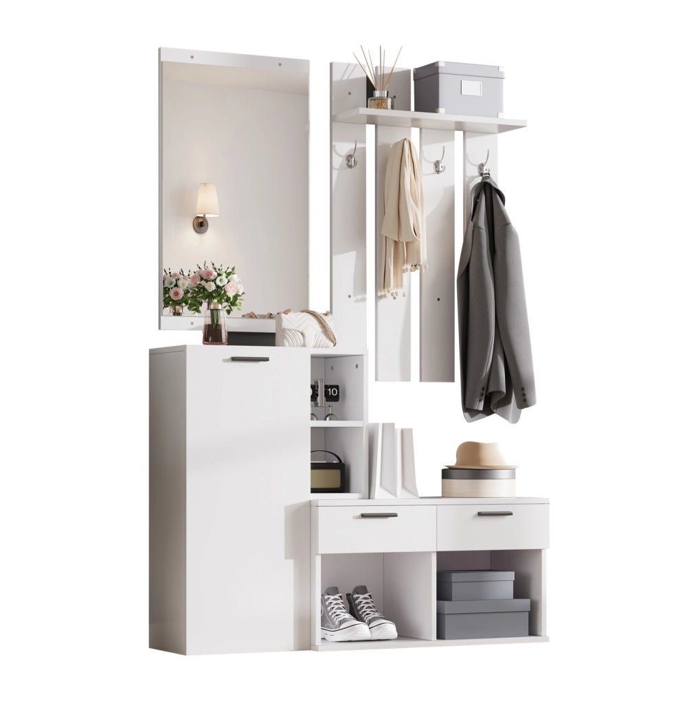 Garderoba da ingresso 120x35x175.5 cm con specchio; 2 cassetti e 4 ganci in MDF bianco