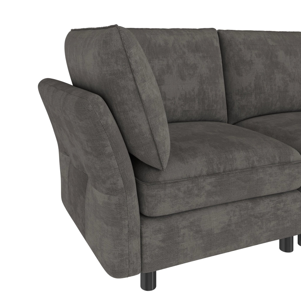 Divano angolare modulare 4 a 5 posti con pouf contenitore e 2 cuscini, Chenille, Grigio, 225 × 137 × 84 cm