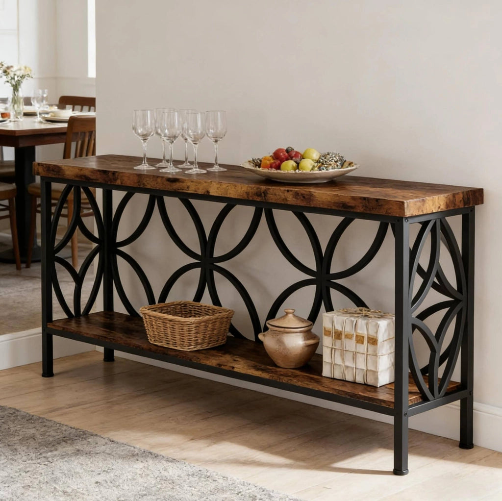 Tavolo consolle industriale con ripiani aperti 160x29;5x80 cm nero e marrone rustico