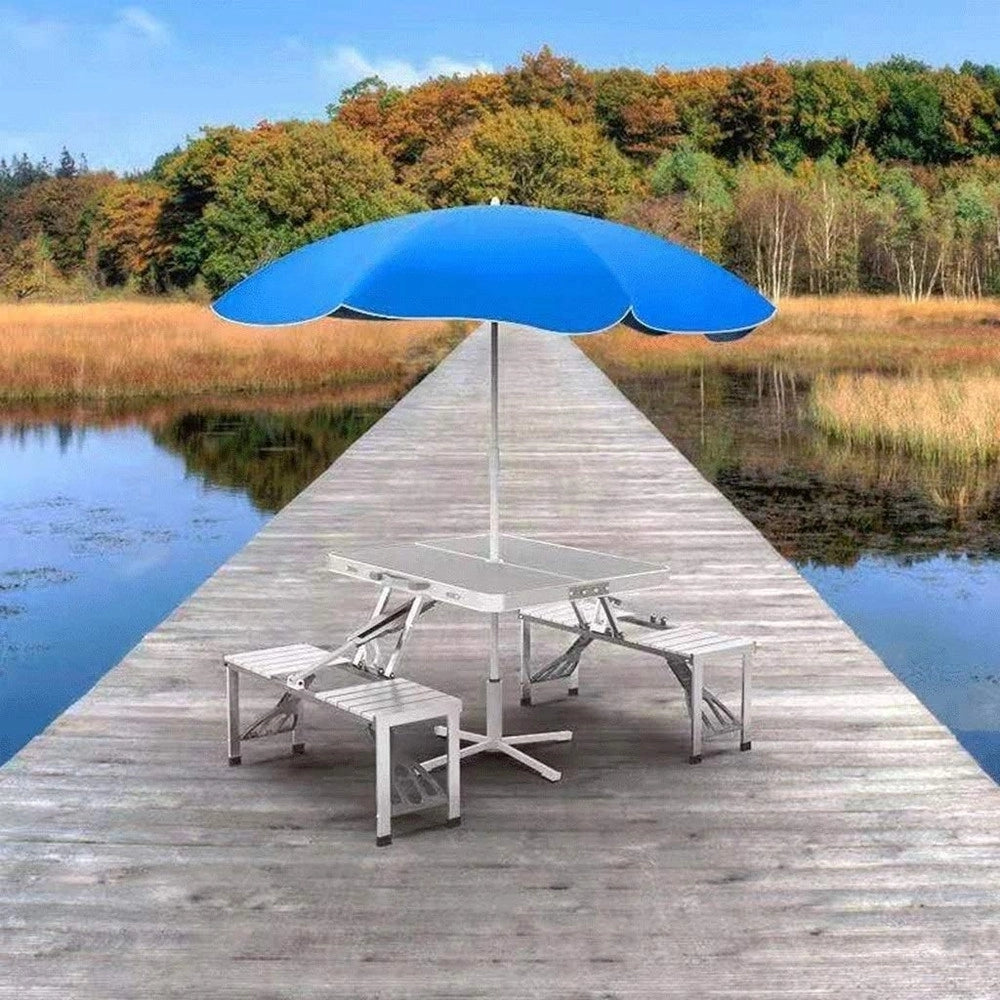 Trade Shop - Set Tavolo Pieghevole In Alluminio Pic Nic Campeggio Portatile Valigia Con Panca A 4 Posti - Argento
