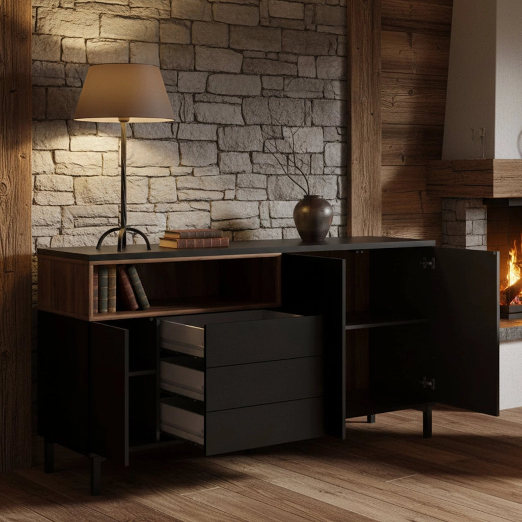 Credenza Julie, Buffet da soggiorno, Madia da salotto, Dispensa da cucina, 176x48 h90 cm, Nero e Noce