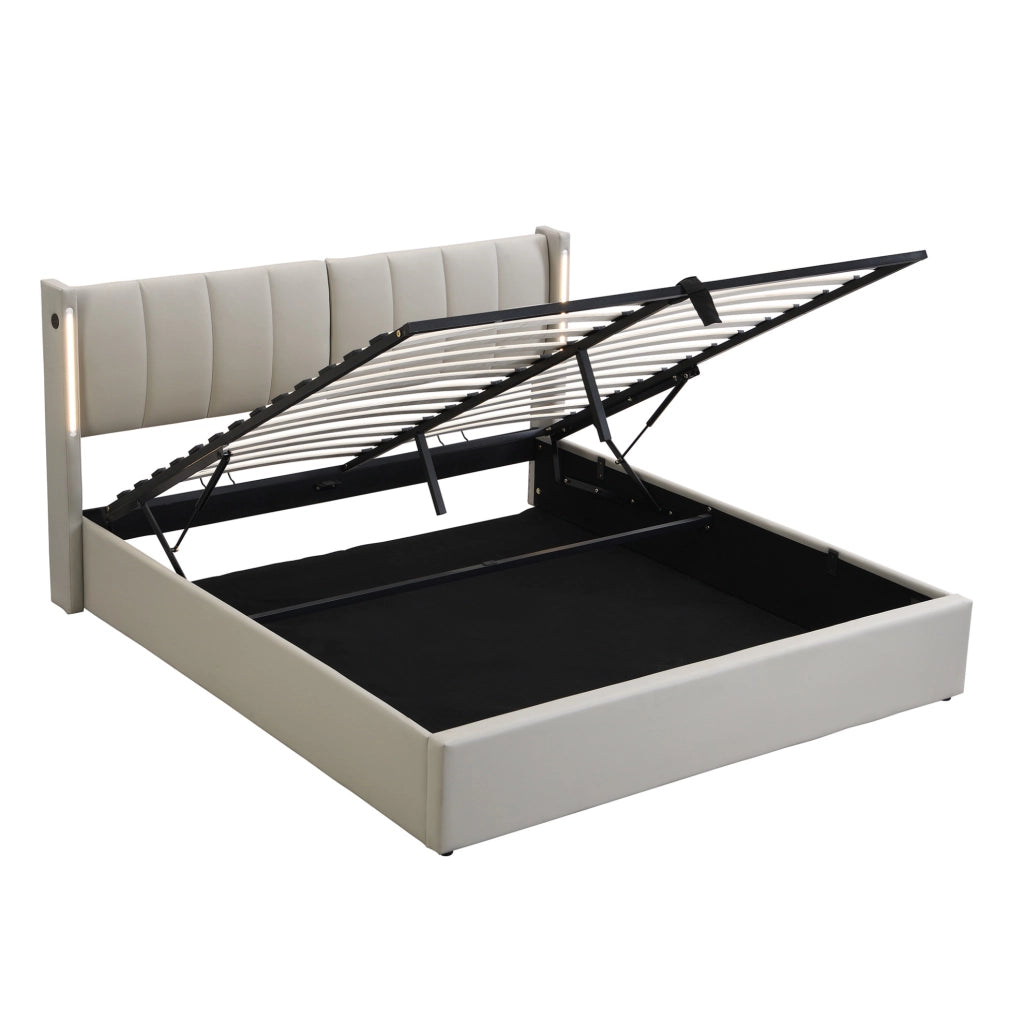 Letto matrimoniale 140x190 cm in PU grigio con LED; USB Type-C e contenitore