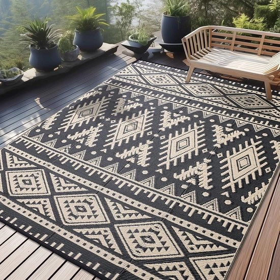 Tappeto da Esterno Resistente all'Uso Esterno, Pelo di Plastica Pieghevole Lavabile Resistente ai Raggi UV Invertibile Matrimonio per Balcone Giardino per Terrazza Campeggio Picnic (240 x 300 cm, Nero & Beige)