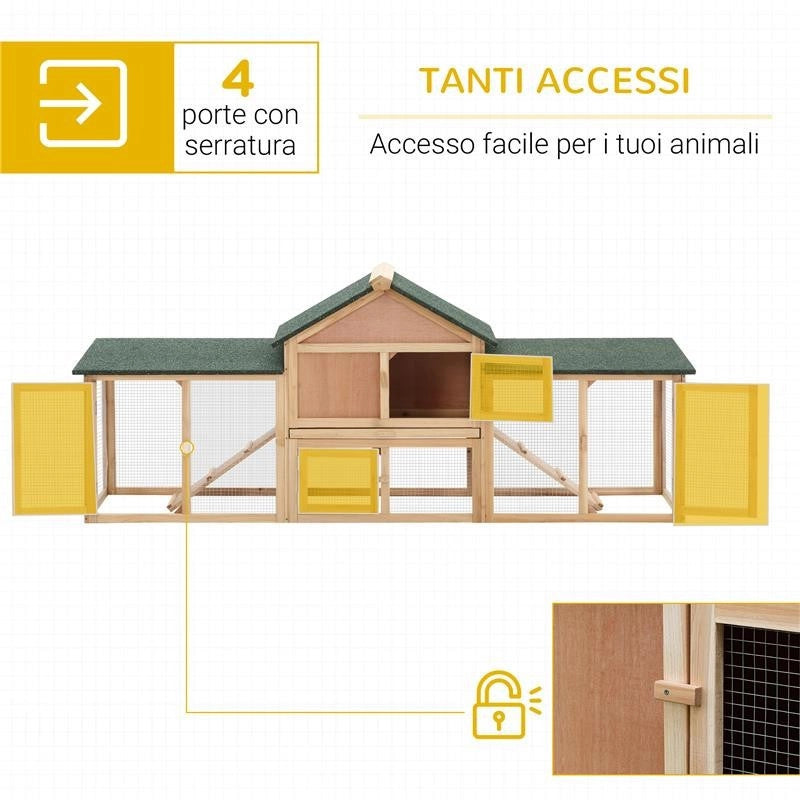 CONIGLIERA DA GIARDINO CON CORSA E RAMPE TETTO IMPERMEABILE, LEGNO, 210X45.5X84.5CM