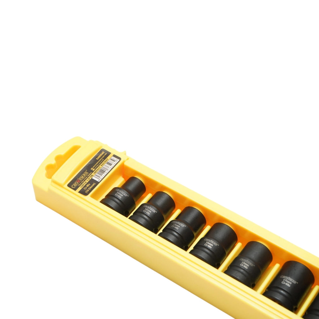 Set di 10 chiavi a bussola a impatto da 10-24 mm, attacco quadro da 1/2 pollice, materiale Cr-Mo, standard DIN 3121, Crownman Industrial.