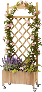 Fioriera in legno con grigliato e ruote, rialzata, resistente alle intemperie con fori di drenaggio, per giardino, balcone e terrazza, 49 x 28 x 116 cm – Marrone chiaro