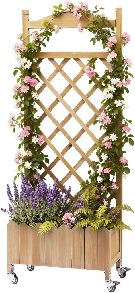 Fioriera in legno con grigliato e ruote, rialzata, resistente alle intemperie con fori di drenaggio, per giardino, balcone e terrazza, 49 x 28 x 116 cm – Marrone chiaro