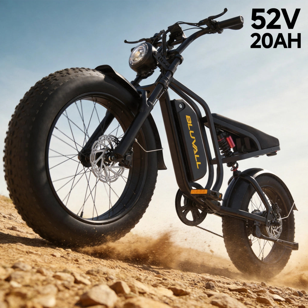 Bici Elettrica 20" Fat Bike 250W (Picco 1500W), Batteria 52V 20Ah Rimovibile con Serratura, Freni Idraulici + Doppia Sospensione Idraulica, Shimano 7 Marce, Bici per Citt¨¤ e Fuoristrada Portata 150kg