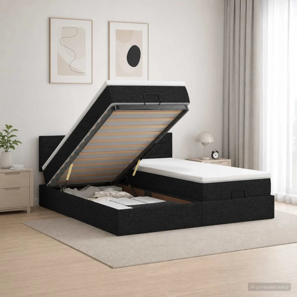 Letto ottomano con materasso con testiera 2 pz Nero Tessuto 3456672