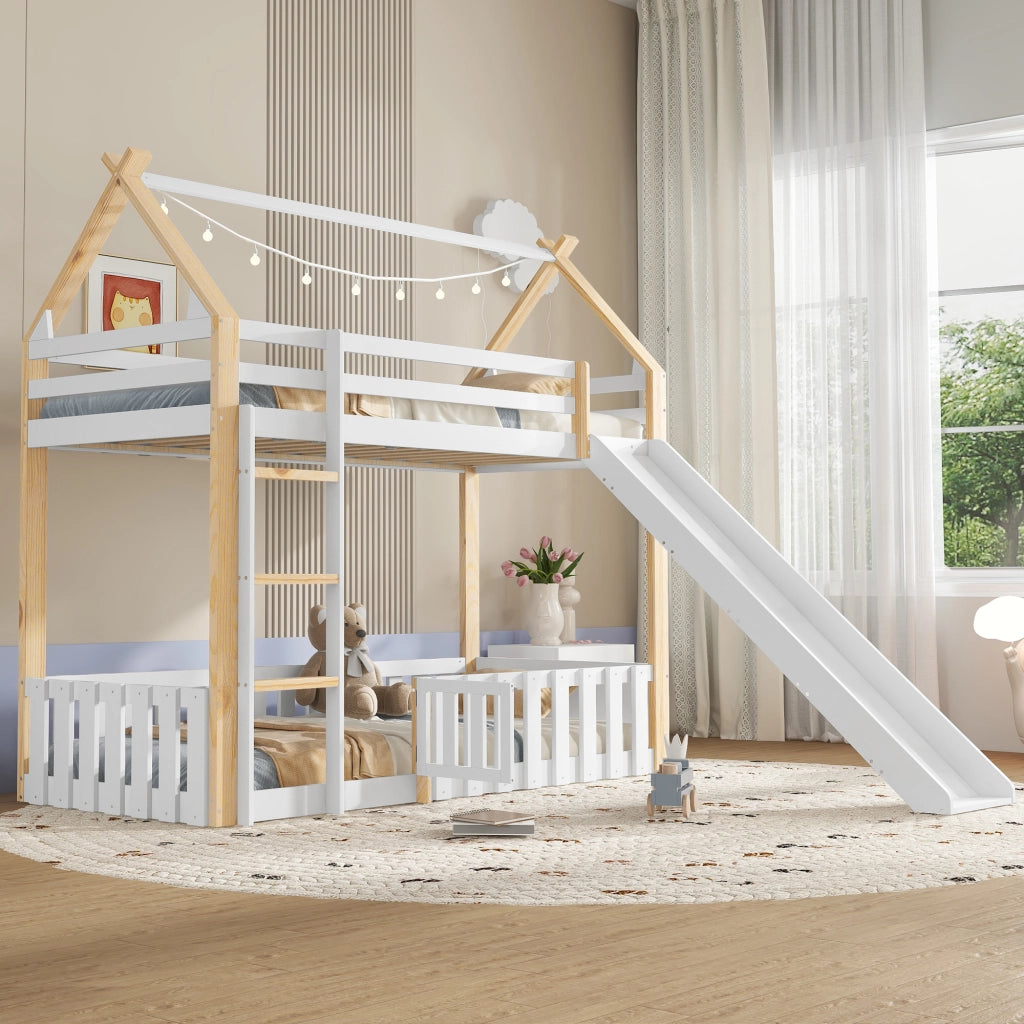 Etagenbett con scivolo bambini pino MDF compensato 90x200 cm