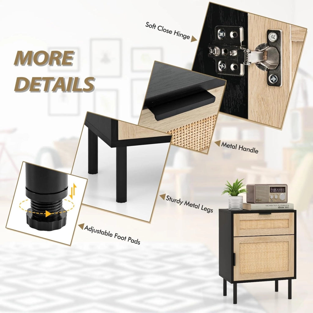 Set di 2 comodini con cassetto e anta in rattan, comodino con gambe in metallo, mobile camera da letto con armatura a porta, per soggiorno, ufficio, 45 x 30 x 59 cm, naturale (nero)