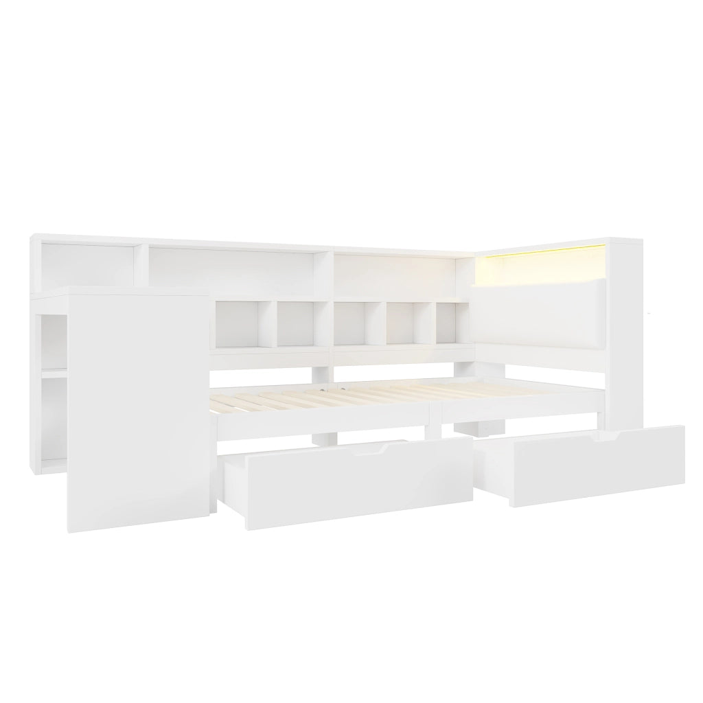 Letto a piattaforma L 90x200 cm con scrivania, libreria, testiera imbottita, LED e USB, bianco