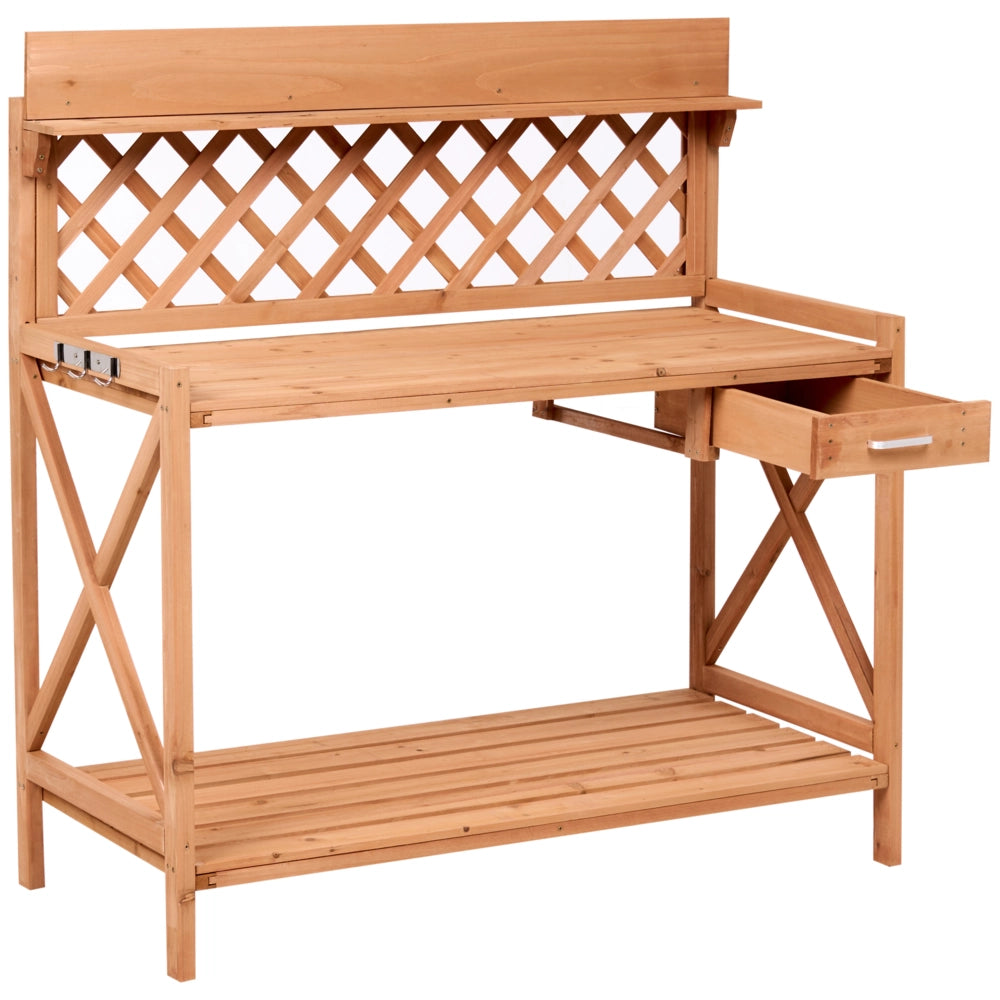 Tavolo da giardinaggio in legno di abete marrone chiaro con ganci in acciaio e cassetto, per riporre gli attrezzi da giardino, in stile rustico