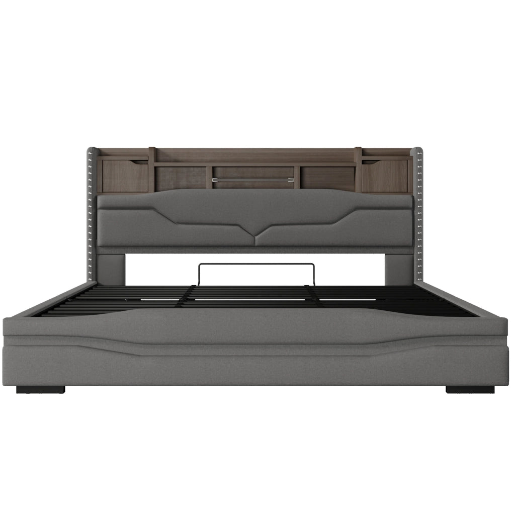 Letto imbottito 180x200 cm con contenitore idraulico; LED e prese USB; grigio