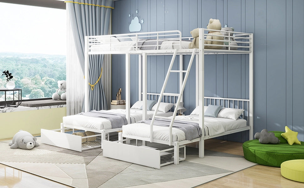 DESMIU Letto a castello 3 posti 140 × 200 cm e 2 × 90 × 200 cm con 2 cassetti, senza materasso, in metallo, bianco