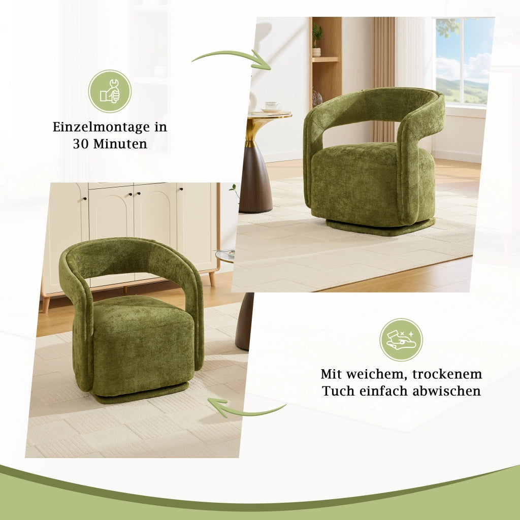 Poltrona girevole 360° in chenille con schienale ergonomico e base robusta verde per soggiorno e lettura moderna