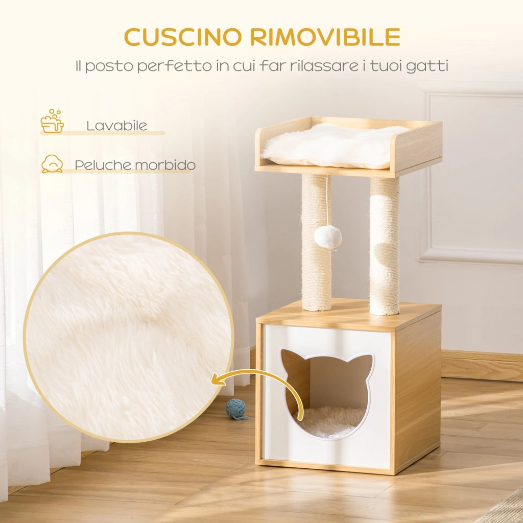 Tiragraffi per Gatti a Forma di Casetta ¨C Xylo ¨C Sisal con Cuscini Lavabili, 35x35x81cm, Quercia