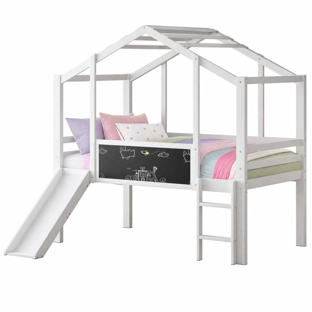 Letto a soppalco per bambini 90 x 200 cm in legno massello con scivolo e lavagna