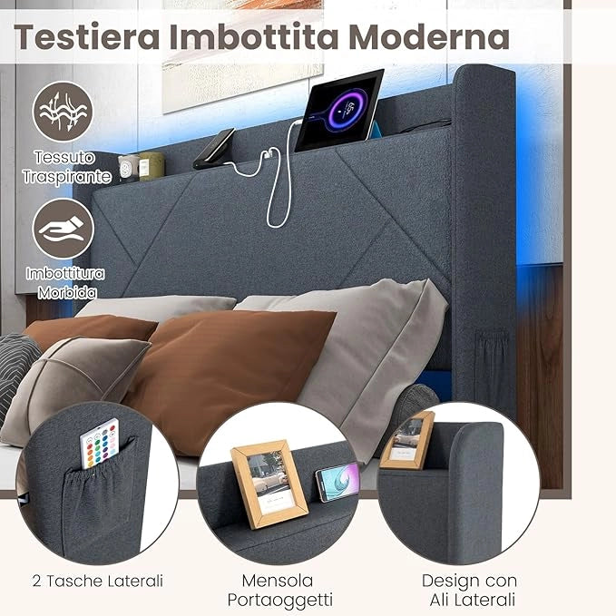 Telaio Letto Matrimoniale con Luci LED, Letto Imbottito con Stazione di Ricarica 2 Tasche di Stoccaggio e 4 Cassetti Scorrevoli, Testiera, Carico 500kg (140x200 cm)