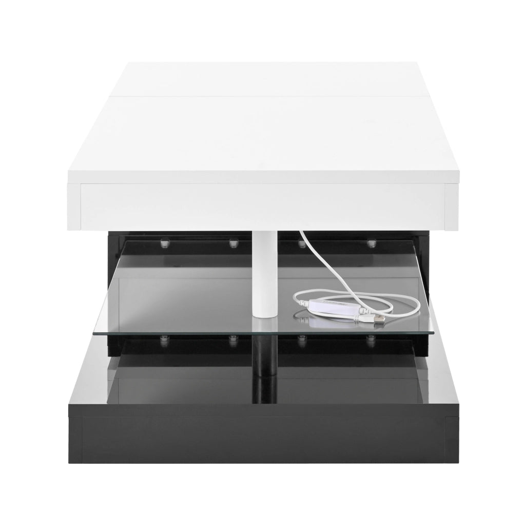 Tavolino da caffè 90x45x35;5 cm; LED con APP e Bluetooth; pannello truciolare; nero e bianco