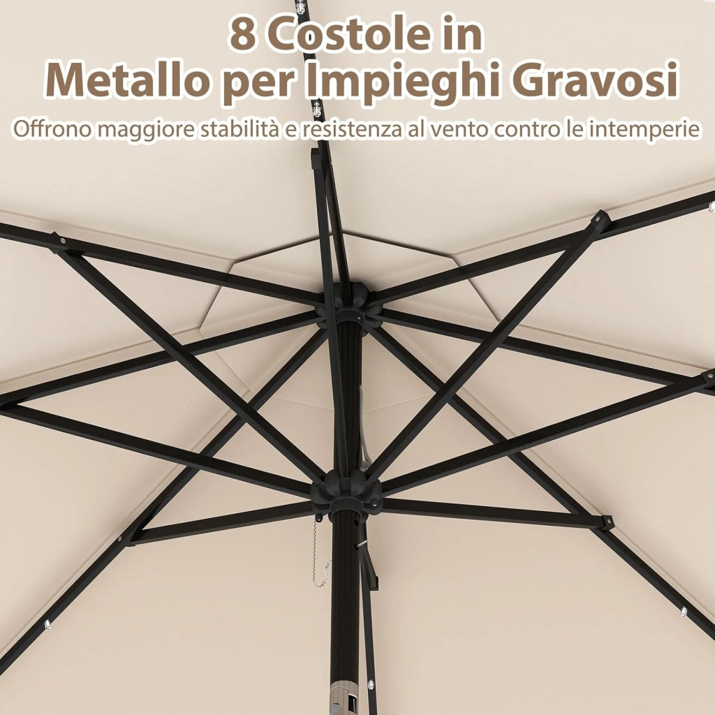 Ombrellone da Giardino 300 cm, con 24 Luci LED Solari, Inclinazione Regolabile, Manovella, 8 Stecche, Anti-UV, Top Ventilato, Idrorepellente, Giardino Piscina Patio (Beige)
