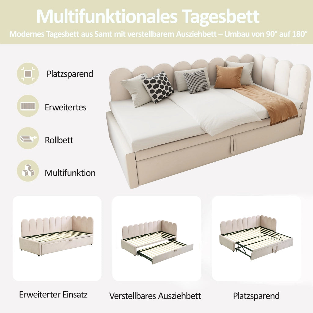 Divano letto 2-in-1 a L con letto estraibile; velluto beige; 90x200 cm; senza materasso
