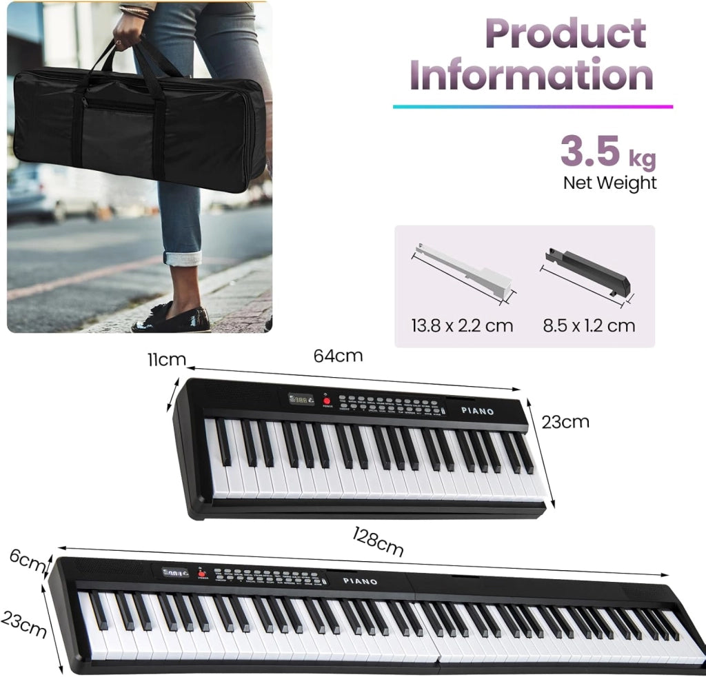 Pianoforte Digitale 88 Tasti Pieghevole, con MIDI Wireless, Altoparlanti Doppii, 1000 Timbri E Ritmi, Tastiera Elettronica Semi-Pesato, Pianola Facile da Trasportare con Borsa (Nero)