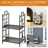 Portalegna in Ferro Battuto con Attrezzi per Camino, Manici e Base Rialzata, 51.5x33x77cm, Nero