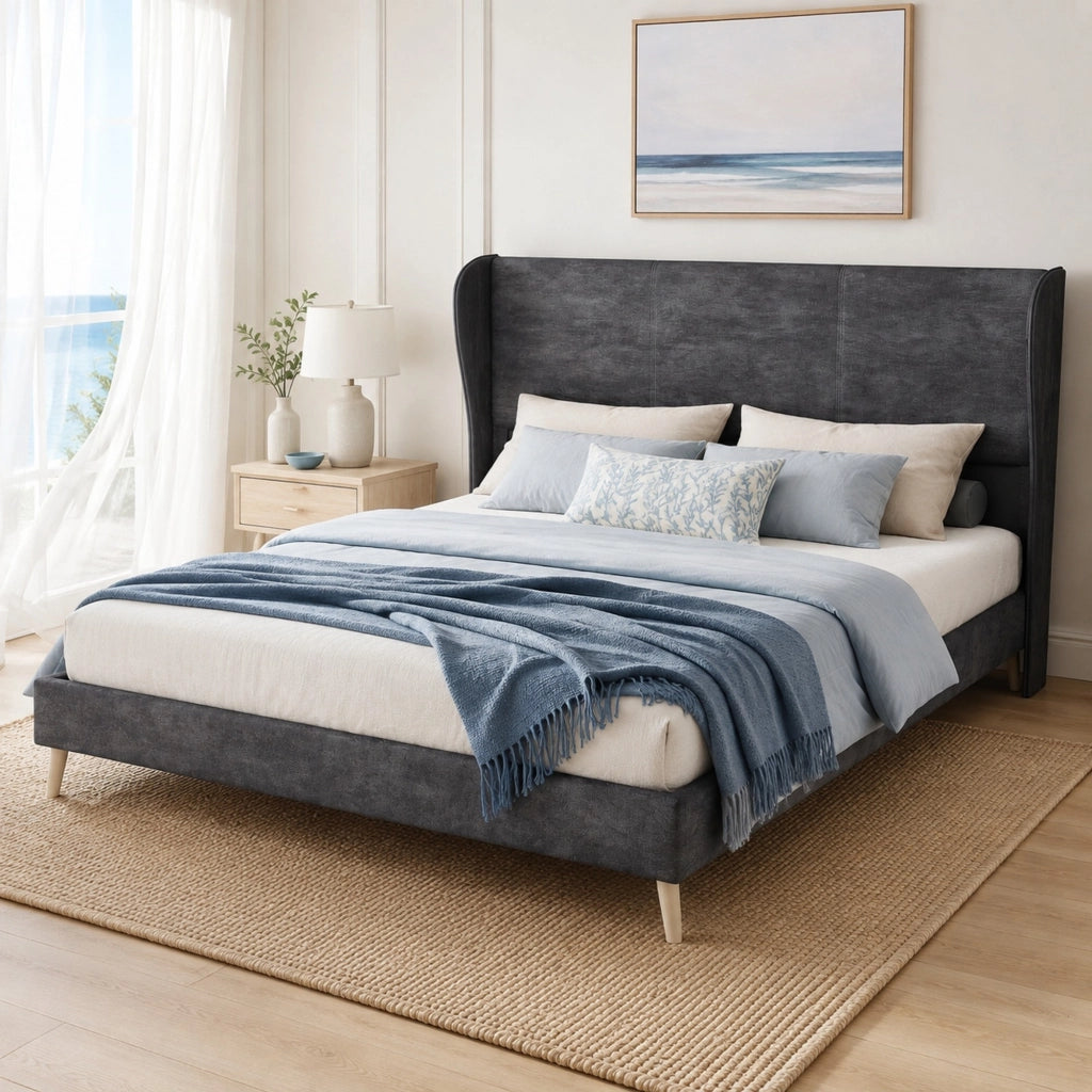 Letto matrimoniale imbottito con testiera in tessuto grigio 160x200 cm