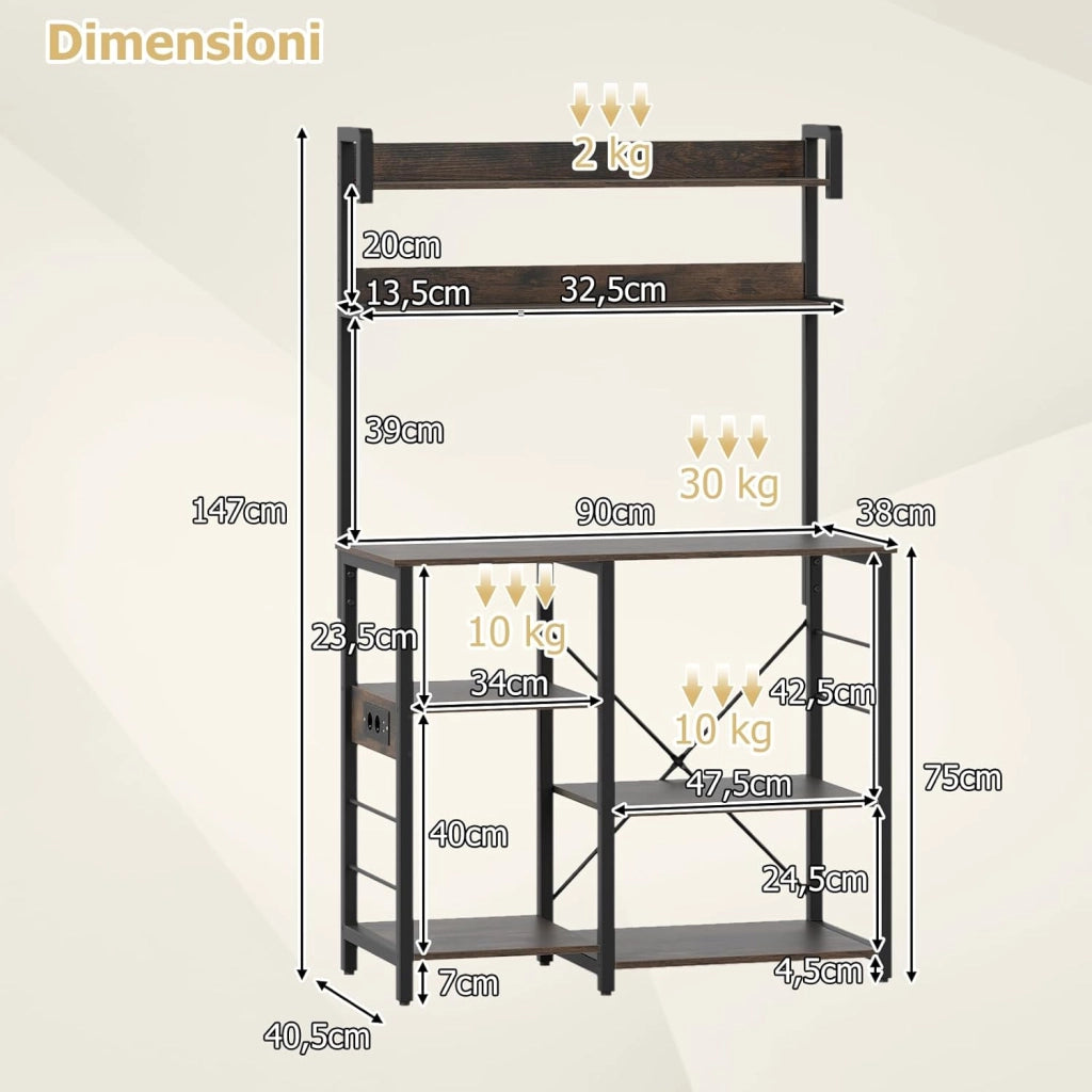 Scaffale da Cucina con Multipresa, Supporto per Microonde a 5 Ripiani con Luci LED, Mensole Portaoggetti, Scaffale Multifunzionale per Cucina Soggiorno Bar, 90 x 40,5 x 147 cm