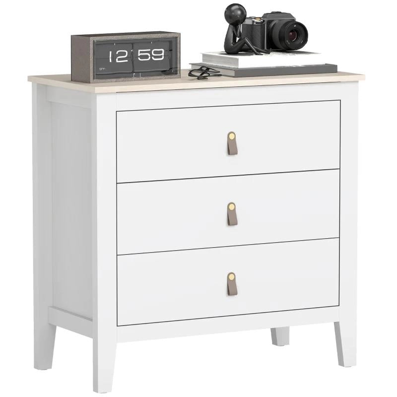 CASSETTIERA PER CAMERA DA LETTO A 3 CASSETTI CON MANIGLIE IN FINTA PELLE, 80X40X78.5 CM, BIANCO