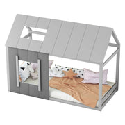 Letto per bambini 90x200 cm a forma di casa con tetto e finestra; legno; grigio