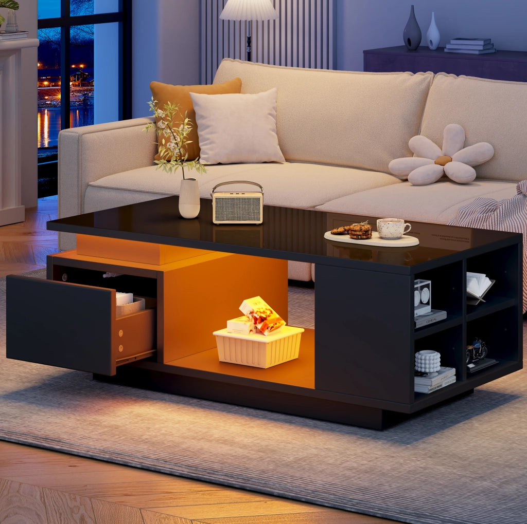Tavolino da caffè con LED; cassetto e vani laterali; 100 x 50 x 36 cm; nero