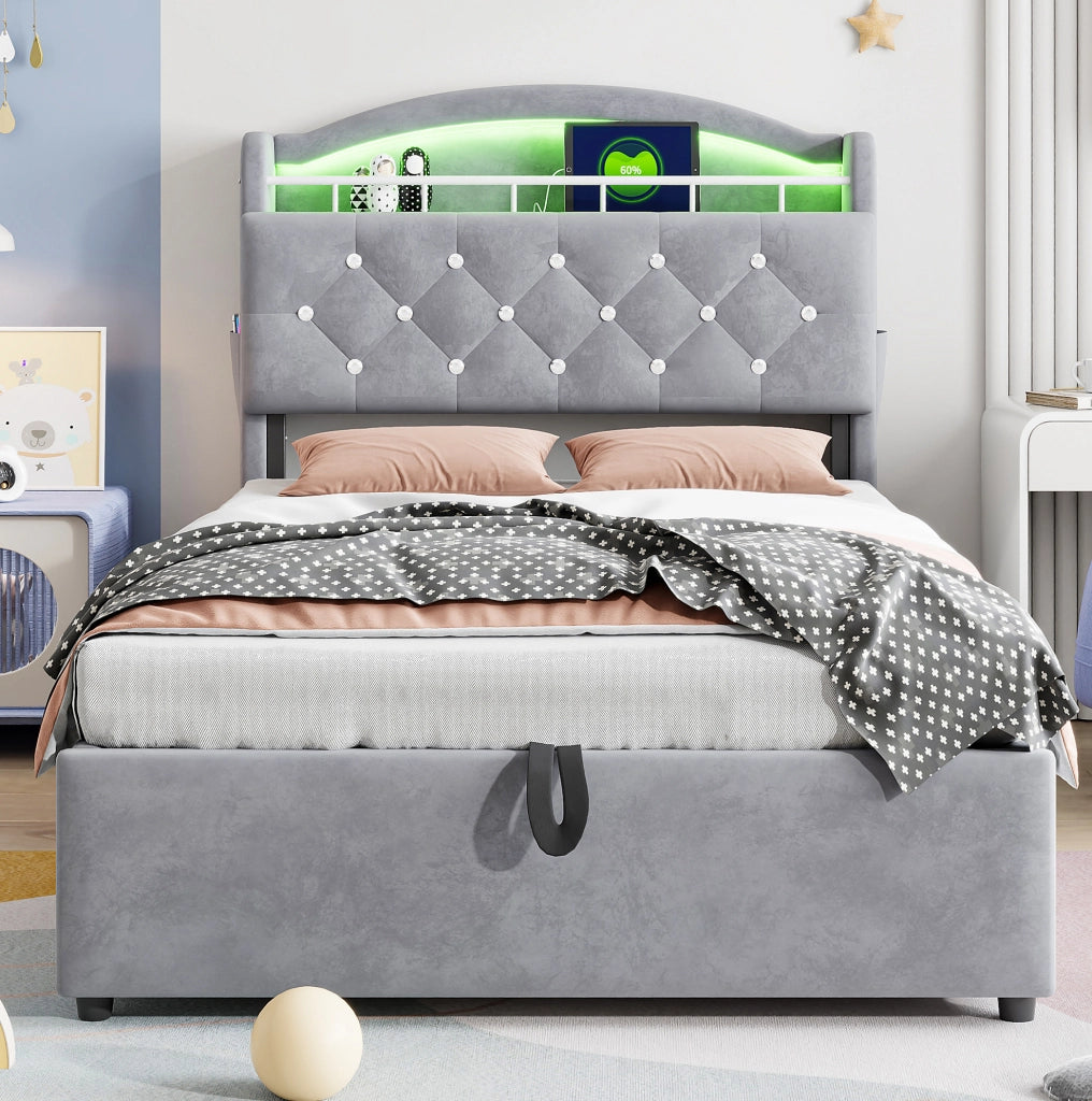 Letto imbottito per bambini 90x200 cm con contenitore; LED; USB e portaoggetti; grigio