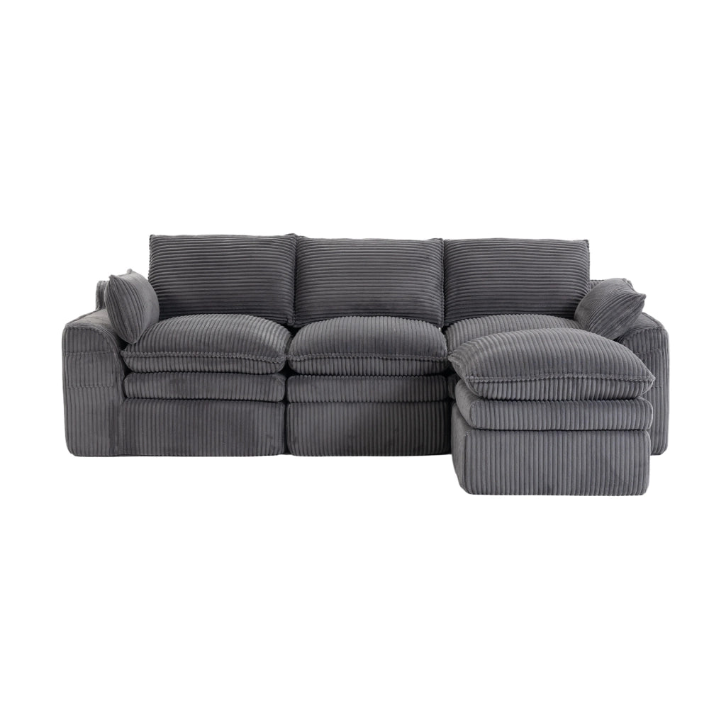 Divano modulare ULEVR 263x167x85 cm con pouf, tasche laterali e cuscini, velluto a coste grigio scuro