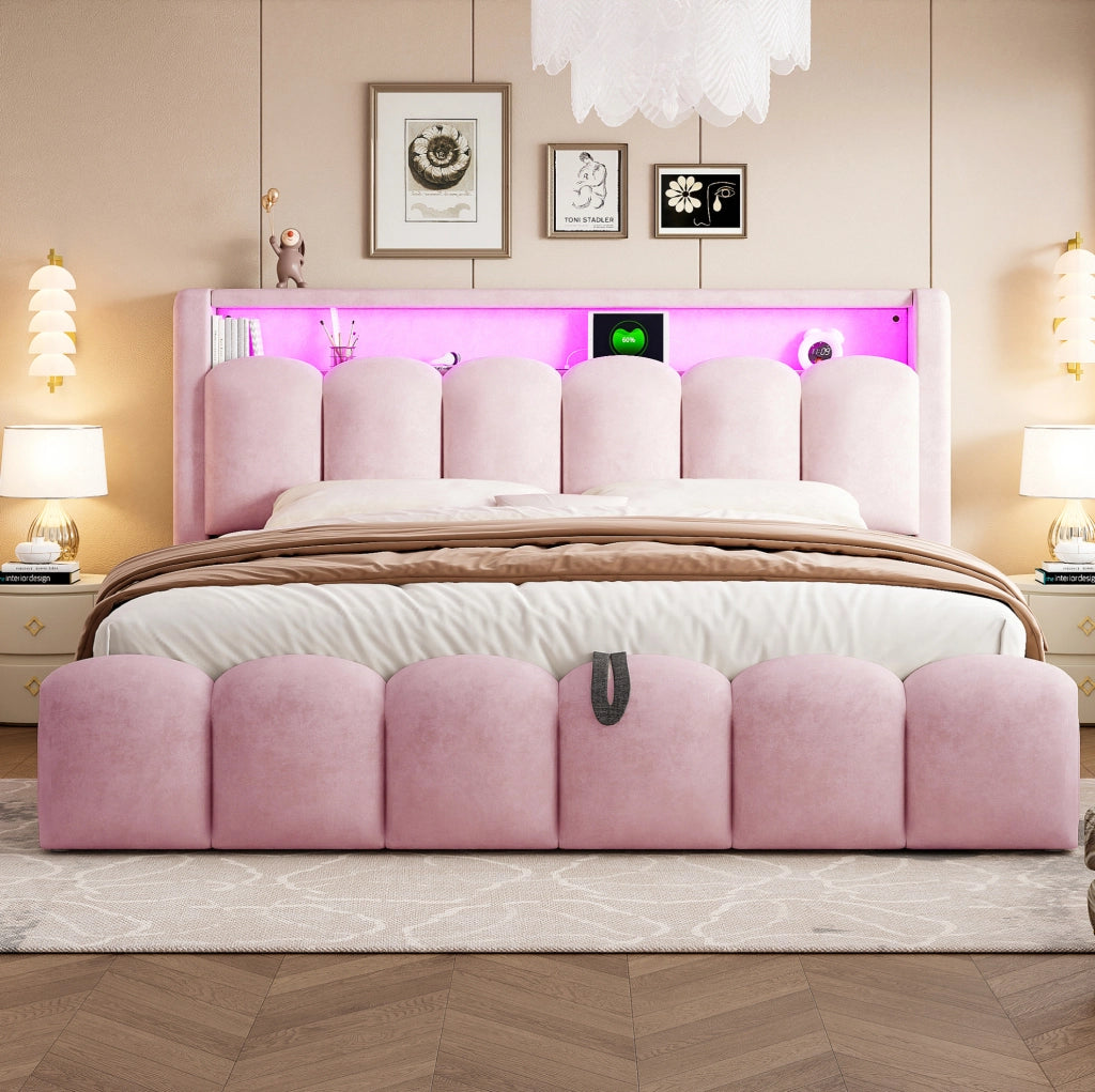 LETTO Matrimoniale Contenitore 180x200 cm Velluto Rosa con LED, USB e Type-C