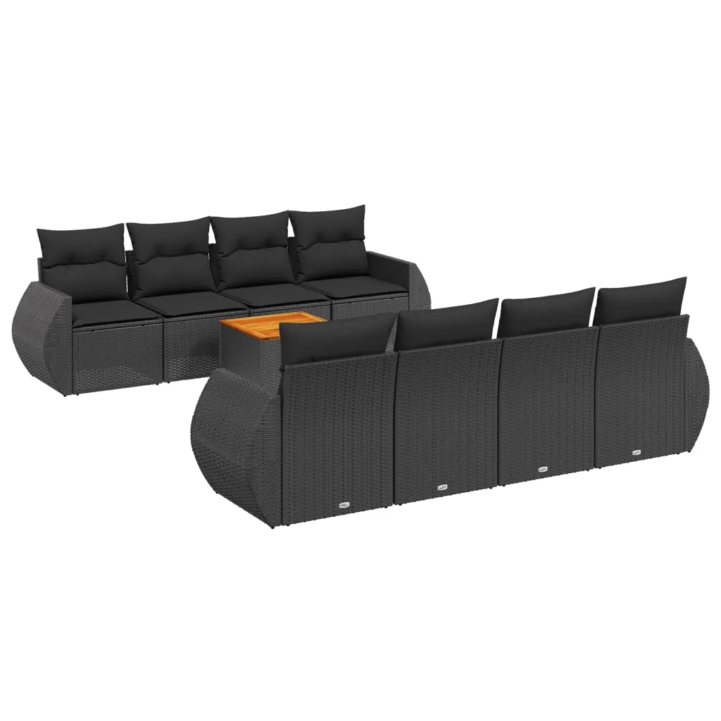 Set Divani da Giardino 9 pz con Cuscini Nero in Polyrattan 3224921