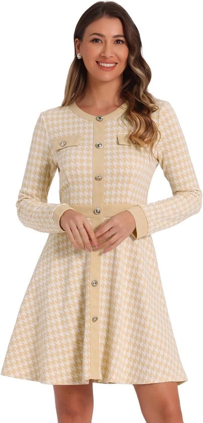 Abito Plus A- Line Donna | Disegno a pois | Mini Abito | Camicia a contrasto | Collo rotondo | Abito Abricot | Taglia M