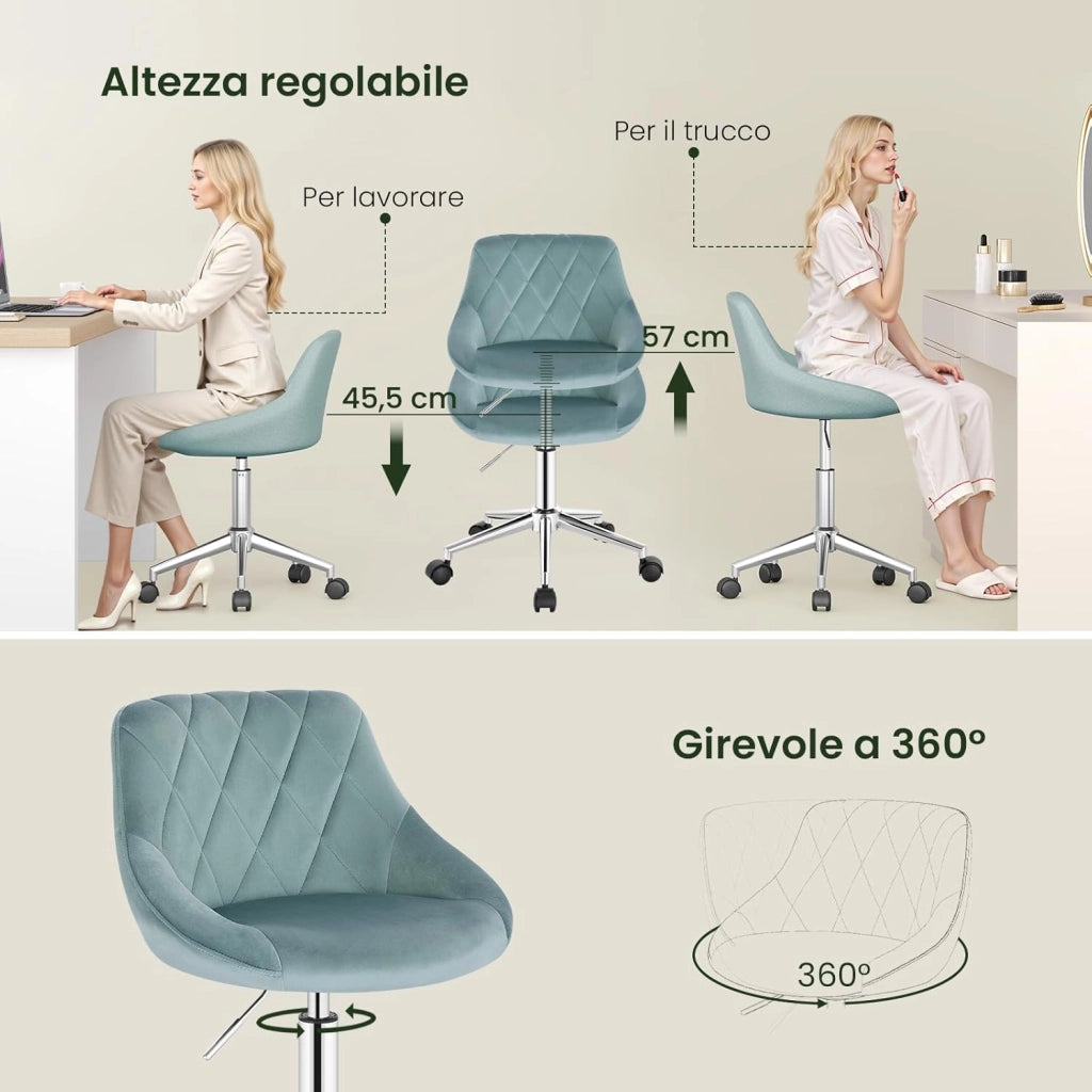 Sedia da Scrivania Moderna, Sgabello Regolabile Senza Braccioli, per Camera da Letto Studio Soggiorno, Turchese