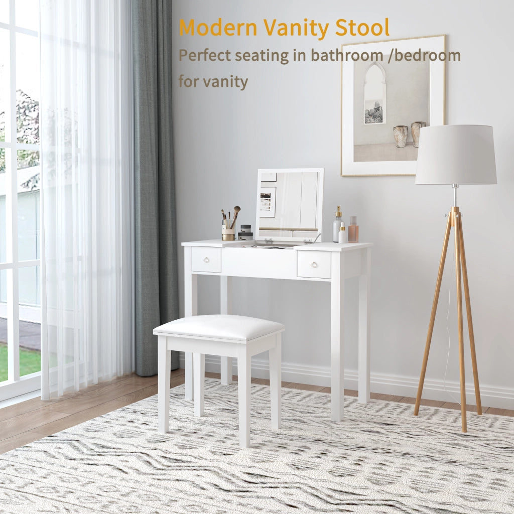 Sgabello da trucco imbottito con gambe in legno, in PU bianco