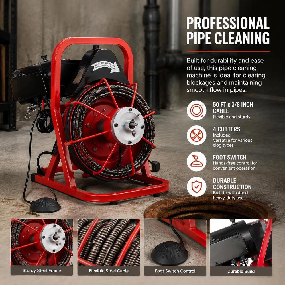 Pipe Cleaning Machine 50 FT X 3/8 Inch, Sewer Spiral With Manual Feed, 250 W Electric Pipe Cleaning Machine With 4 Cutters And Air-activated Foot Switch For 2" To 4" Pipes