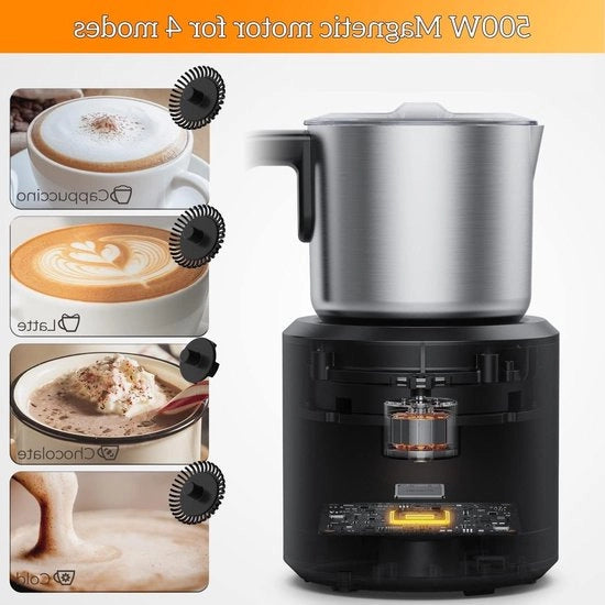 Frostante Latte con 4 Funzioni - Latte Caldo, Cioccolata Calda, Cappuccino - Tazza in Acciaio Inossidabile Rimovibile - 500 ml - Pronto all'Uso nel Lavello
