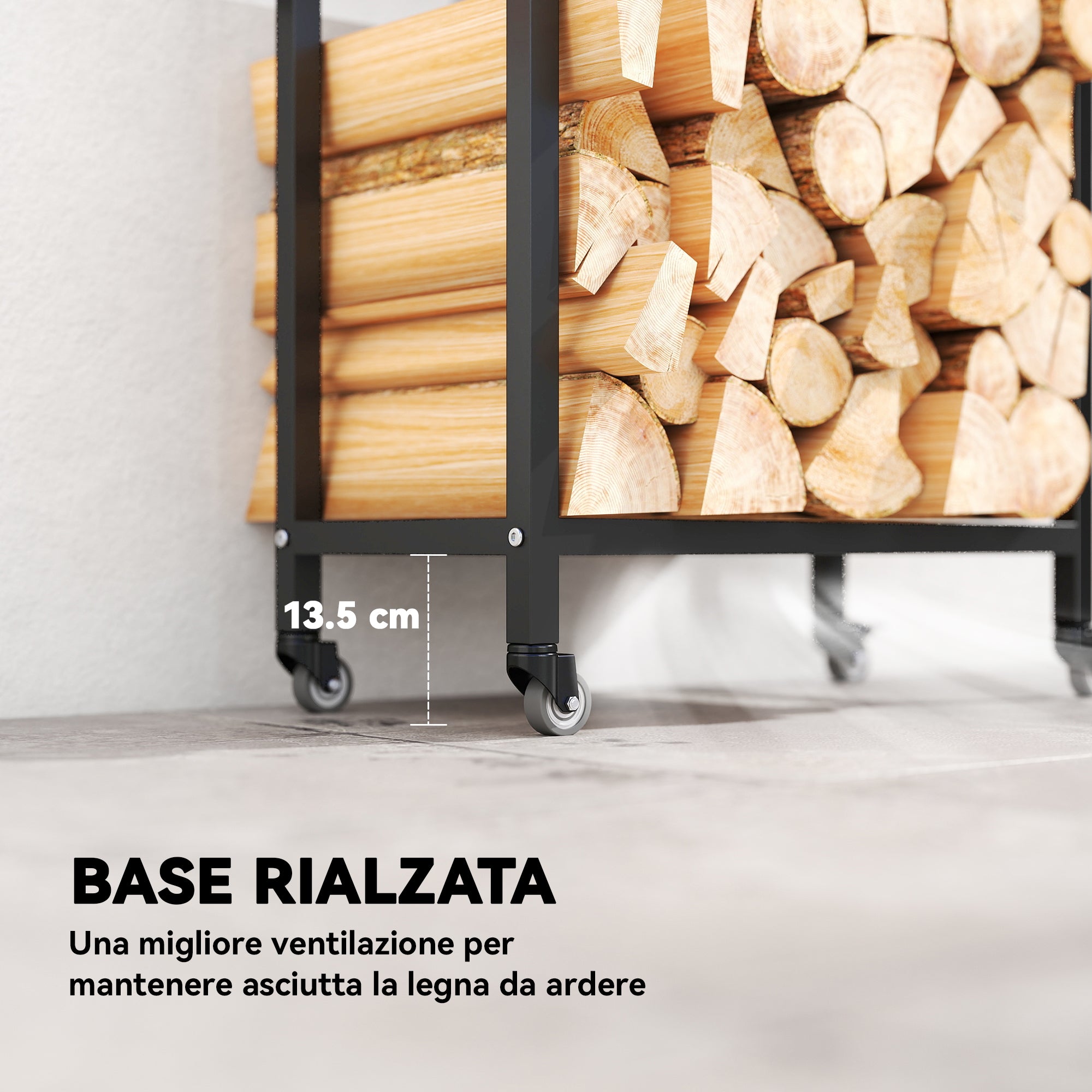 Portalegna da Esterno e Interno 60x30x119 cm a Due Livelli con Ruote in Acciaio Rinforzato Nero