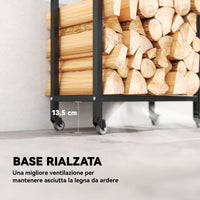 Portalegna da Esterno e Interno 60x30x119 cm a Due Livelli con Ruote in Acciaio Rinforzato Nero