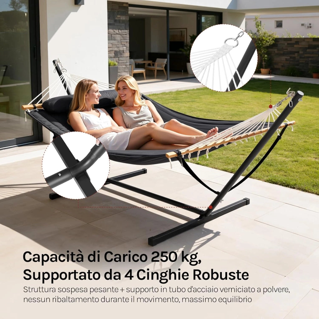 Amaca da Giardino con Supporto, Tasca Laterale e Cuscino, Capacità di Carico 250 kg, Ampia Amaca Doppia per Terrazza, Balcone, Campeggio, Antracite