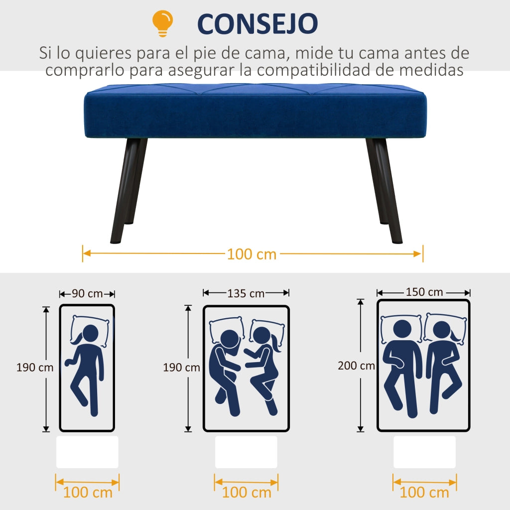 Pouf Piede Letto Multifunzionale ¨C Minimal ¨C Acciaio Tessuto Imbottito Blu Scuro 100x36x45 cm