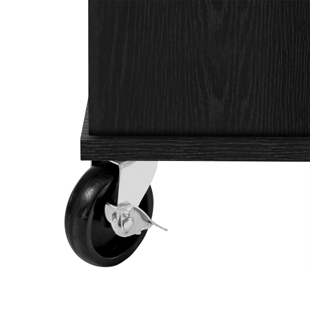 Isola Cucina Mobile Nera con Piano Estensibile 120 cm; Porta Rifiuti; Prese USB; Ruote e Ripiani Regolabili