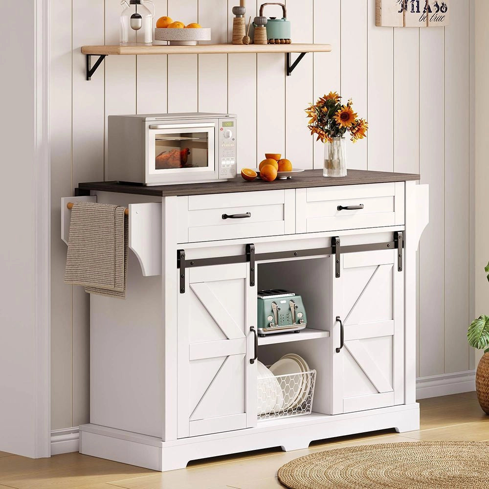 Isola cucina con piano ribaltabile - Xylo - 120¡Á45(70)¡Á91 cm - Bianco - Carrello con ruote, 2 ante scorrevoli, 2 cassetti